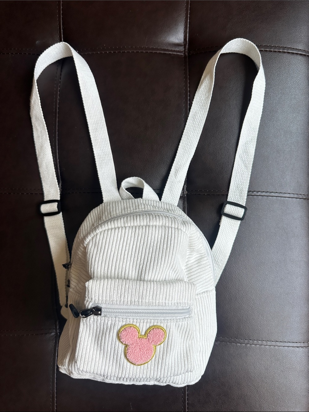 Disney White Corduroy Mini Backpack with Pink Mickey Patch